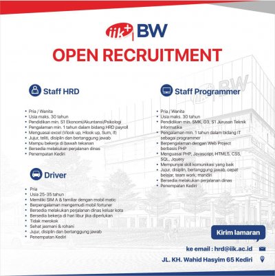 Lowongan Kerja Staff HRD, Driver dan IT Programmer