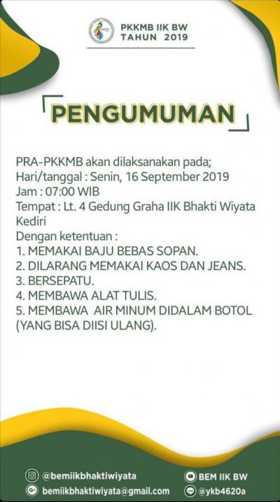 PENGUMUMAN PRA-PKKMB IIK BW 2019